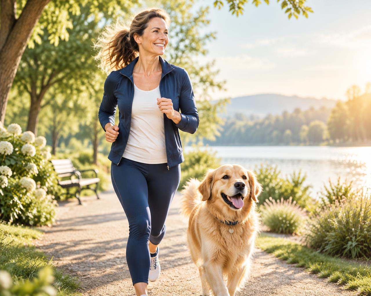 Energetic woman enjoying the outdoors with comfortable digestion