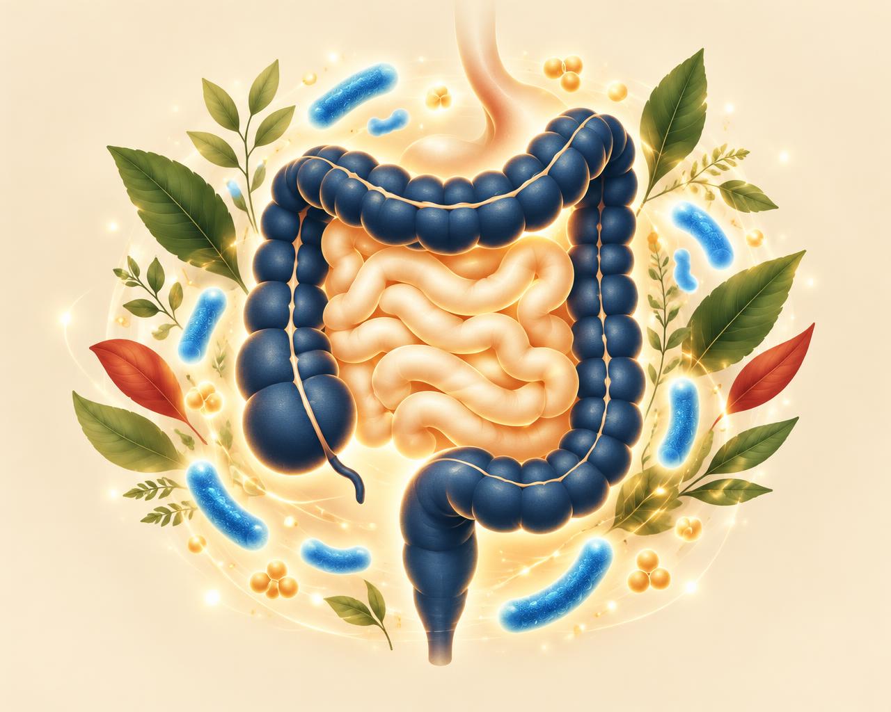 Illustration of a healthy digestive system supported by probiotic bacteria