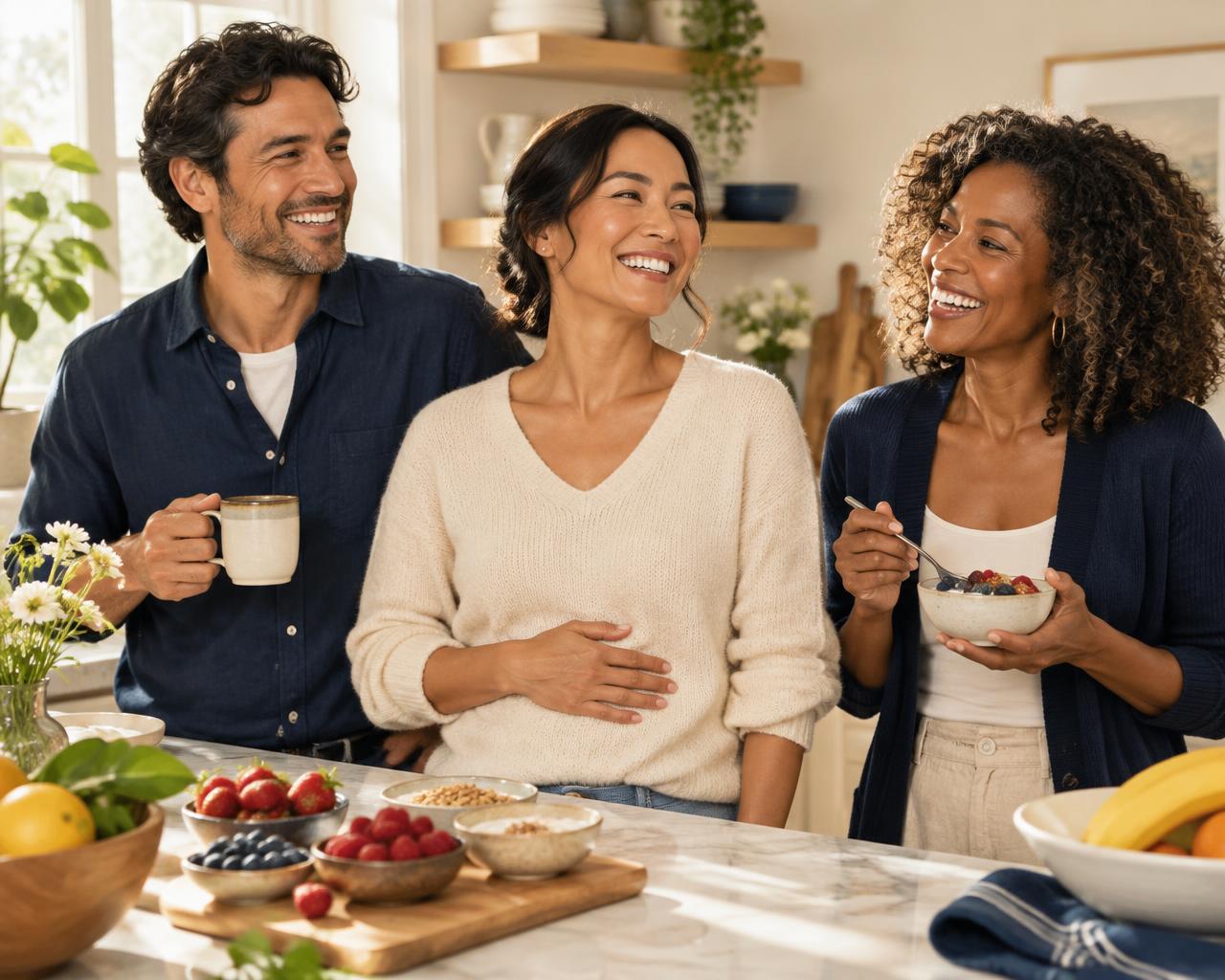 Happy adults enjoying breakfast comfortably after taking Gut Save